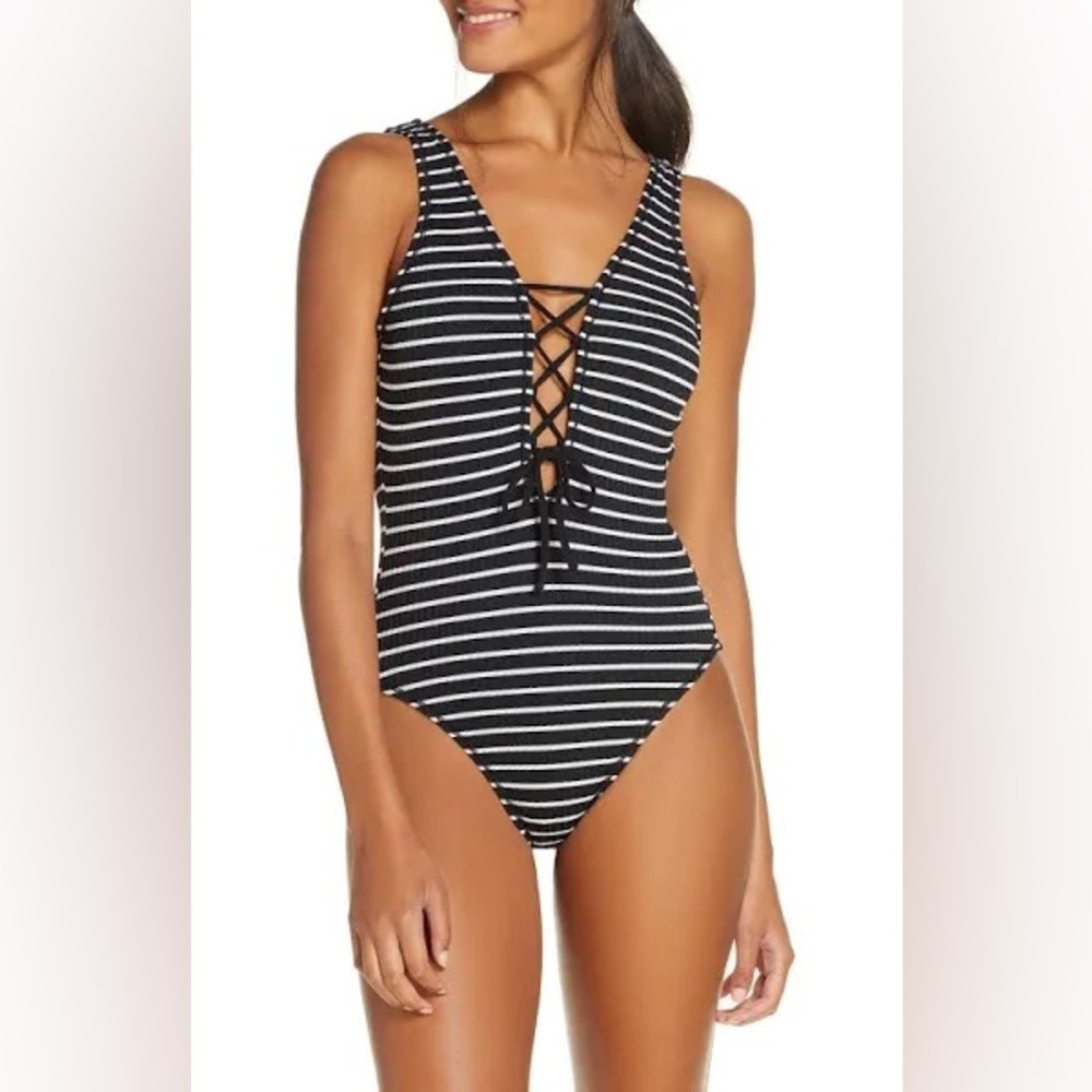 Robin Piccone Black & White Striped Lace-Up One Piece Swimsuit